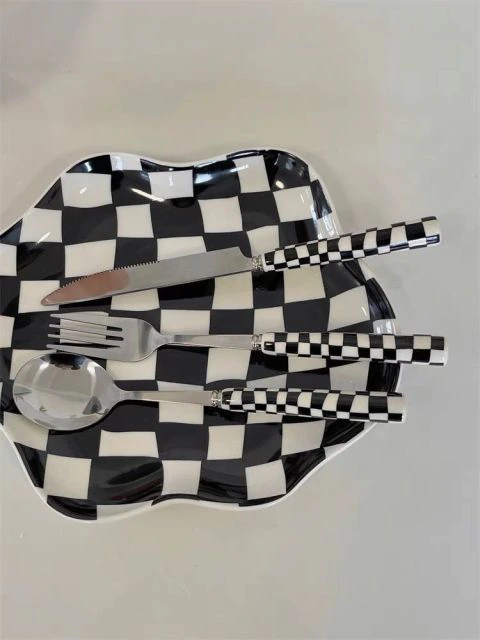 Retro Irregular Checkered Ceramic Plate With Utensil Set, Mid century Checkerboard Jewelry Tray