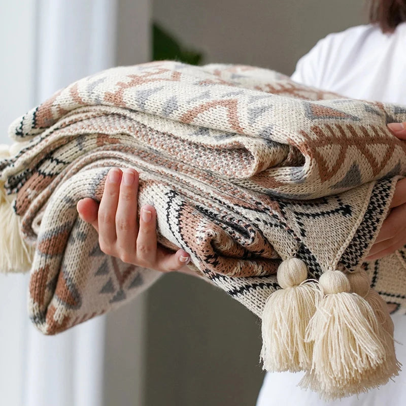 Vintage Boho Tassel Knitted Plaid Blanket