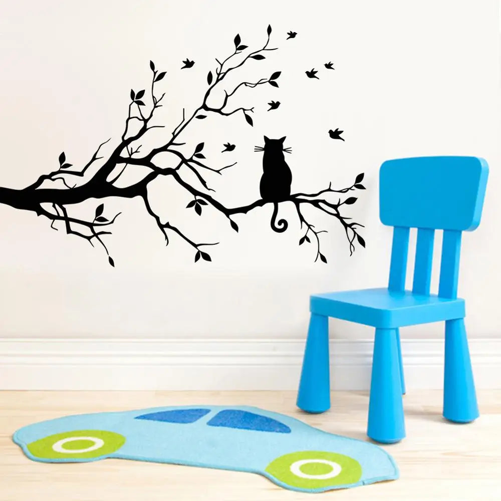 Cat on Tree Branch Wall Sticker for Home Decor