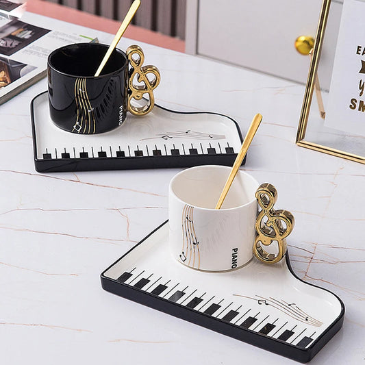 European Ceramic Coffee Cup Saucer, Piano Key Design