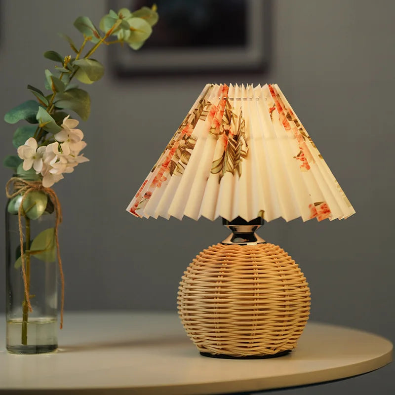 Vintage Rattan Table Lamp with Fabric Shade