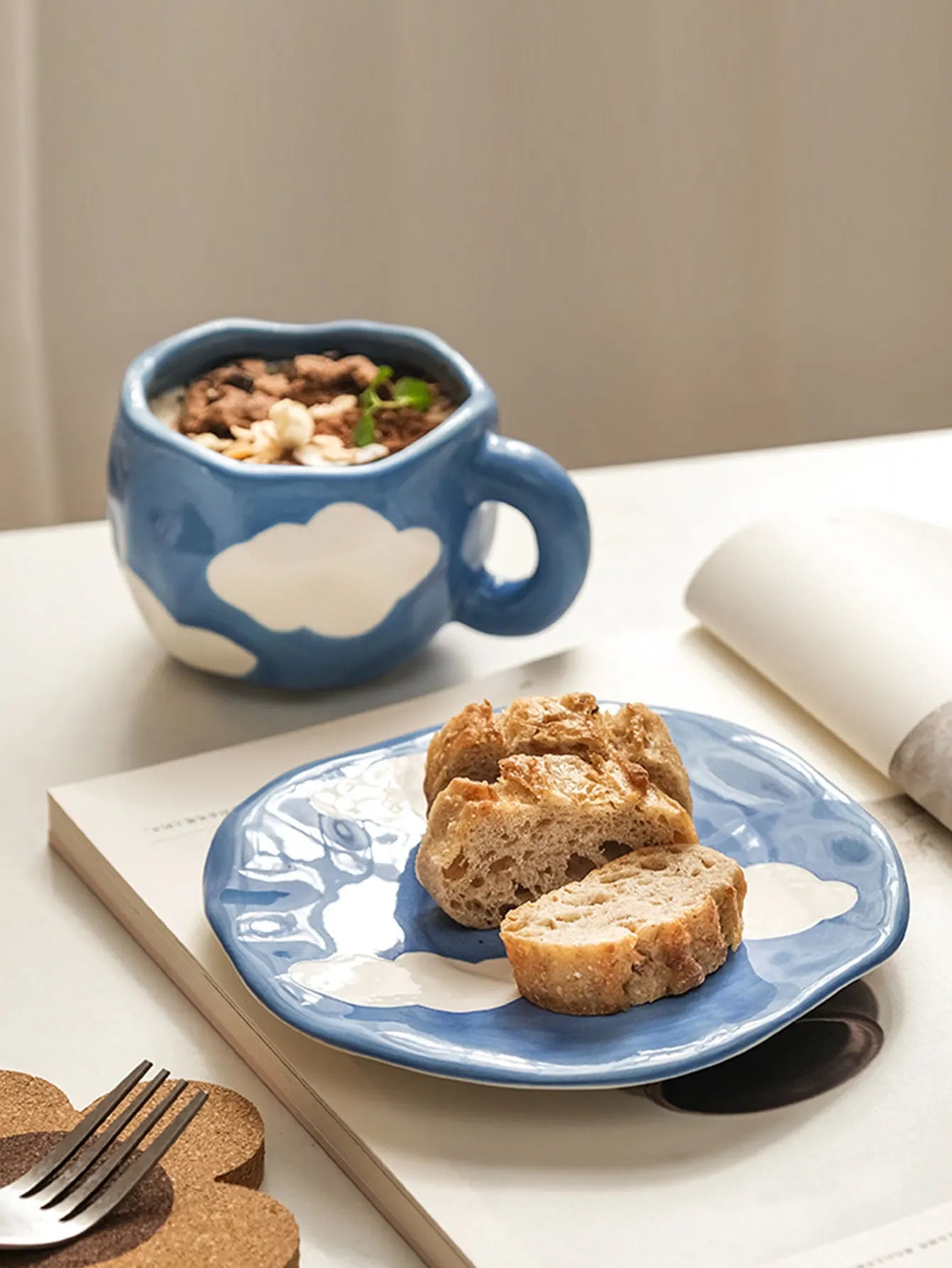 Hand-painted Flower Ceramic Mug with Plate and Spoon Set