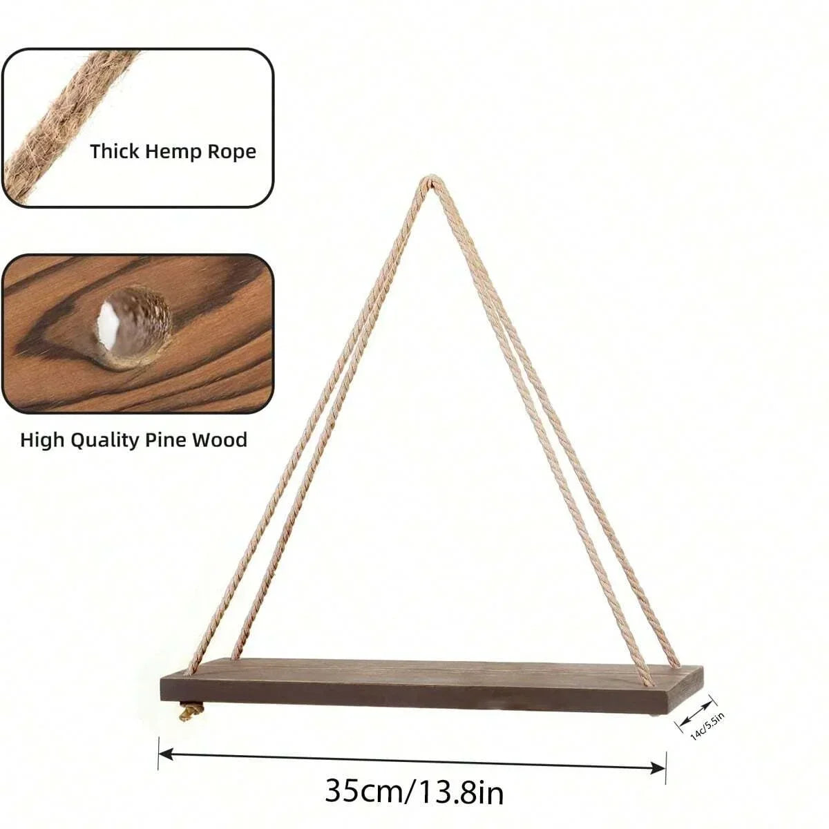 Wooden Swing Hanging Shelf with Hemp Rope