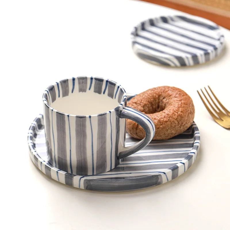 Hand Drawn Striped Ceramic Mug with Plate Set