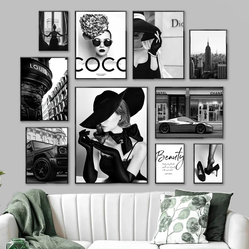 Black White Fashion Woman Canvas for Wall Art