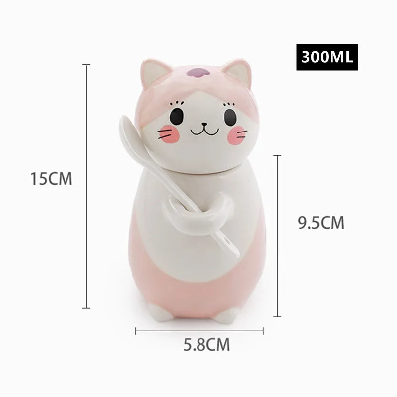 300ml Cute Cat Ceramic Mug with Lid and Spoon