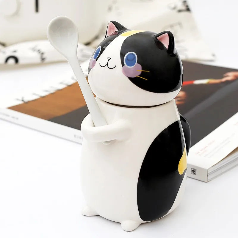 300ml Cute Cat Ceramic Mug with Lid and Spoon