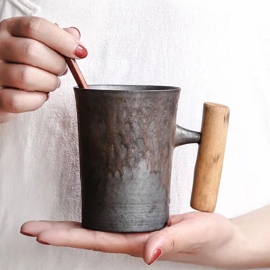 Vintage Japanese Ceramic Tea Cup Set with Wood Handle