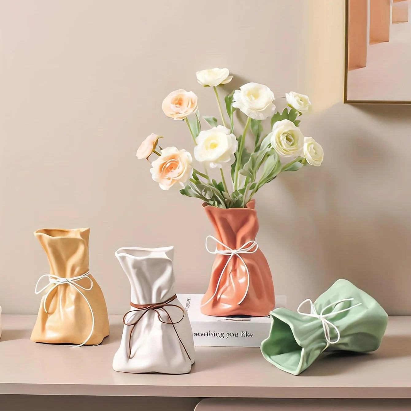 White Ceramic Paper Bag Vase for Boho Home Decor