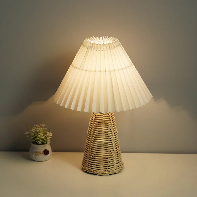 Vintage Rattan Table Lamp with Fabric Shade