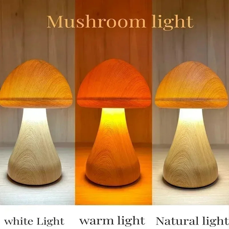 Smart Touch LED Wooden Mushroom Night Light USB Lamp