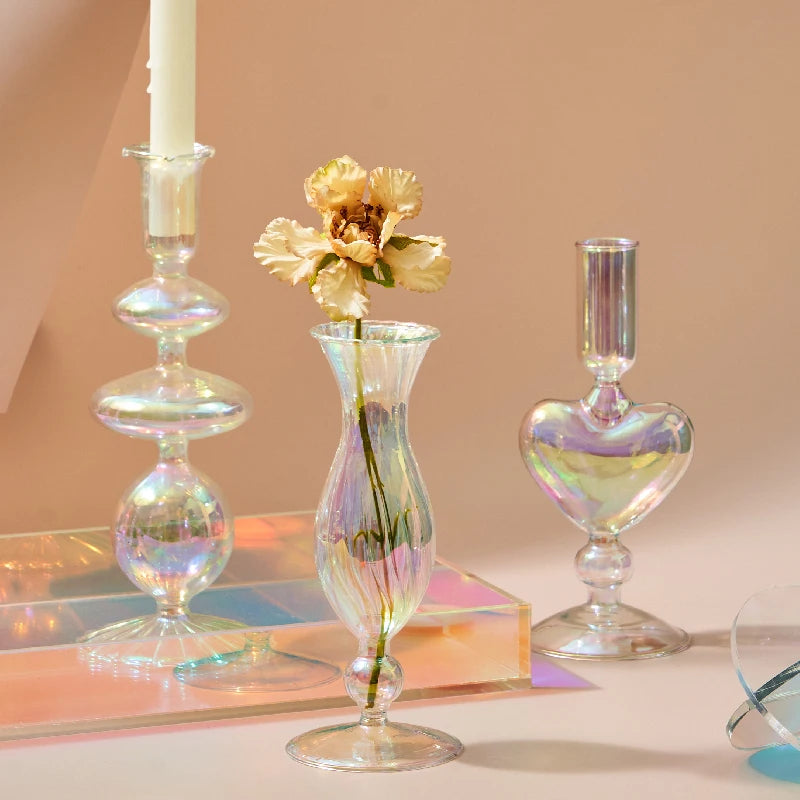 Iridescent Nordic Vase and Candle Holder Set