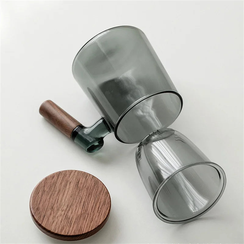 Walnut Handle Glass Tea Cup with Lid