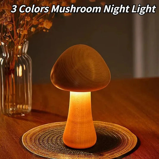 Smart Touch LED Wooden Mushroom Night Light USB Lamp