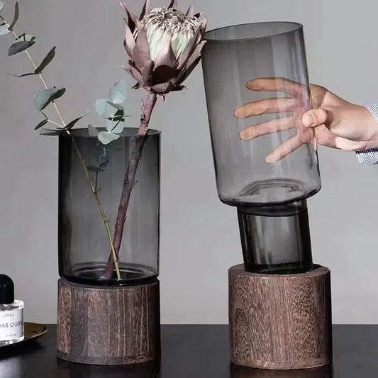 Glass Vase with Wood Base for Hydroponic Plant Decor