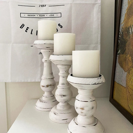 Retro White Wooden Candlestick for Tabletop Decor