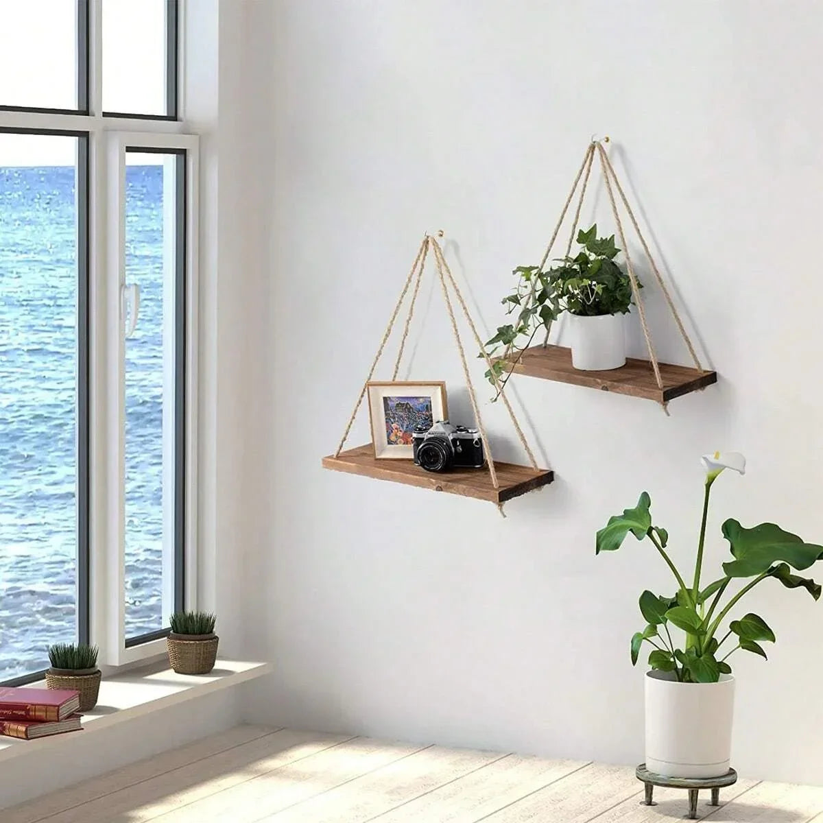 Wooden Swing Hanging Shelf with Hemp Rope