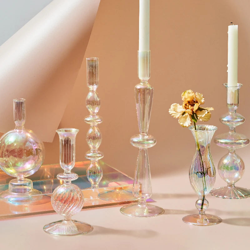 Iridescent Nordic Vase and Candle Holder Set