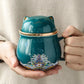 Peacock Green Cat Pattern Ceramic Tea Cup