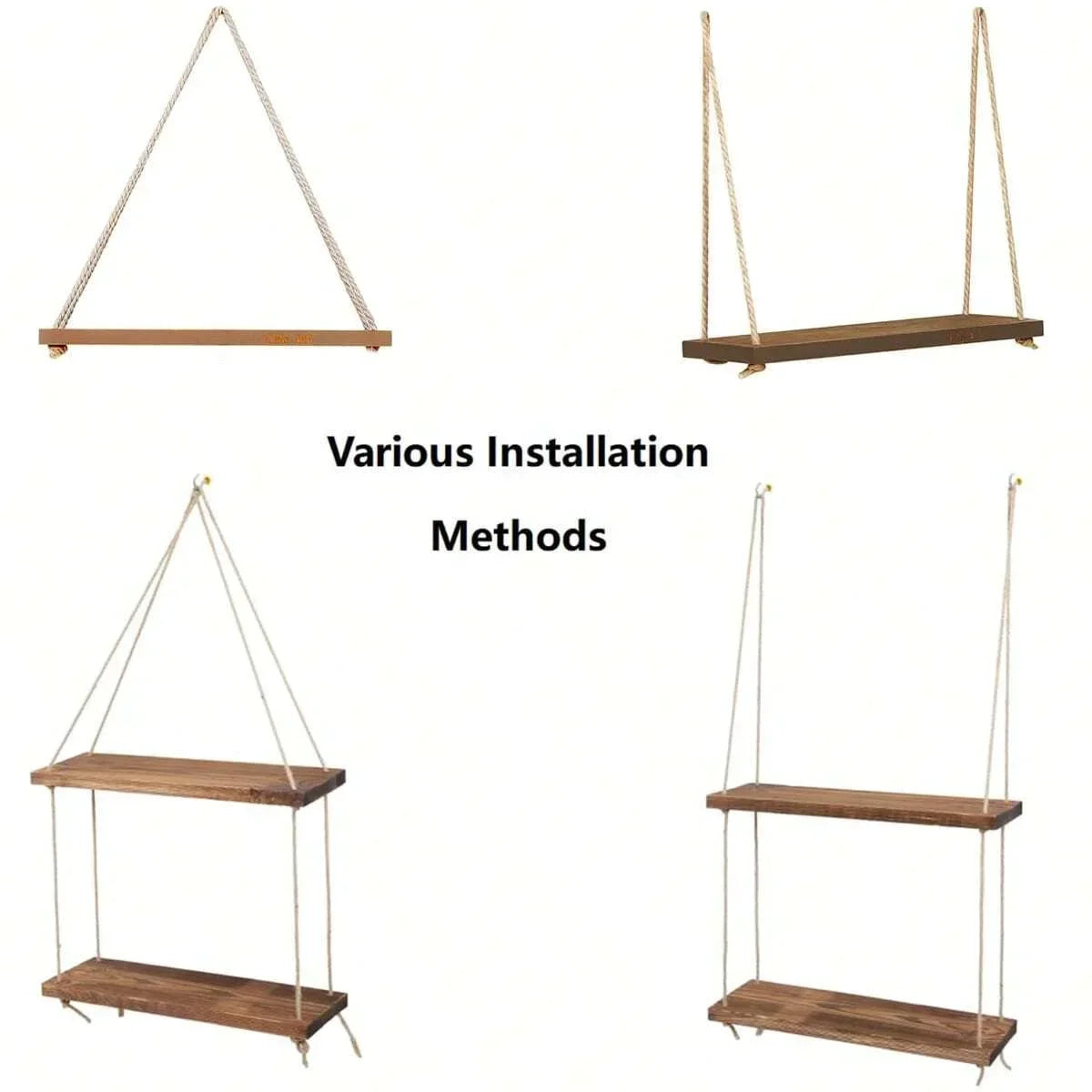 Wooden Swing Hanging Shelf with Hemp Rope