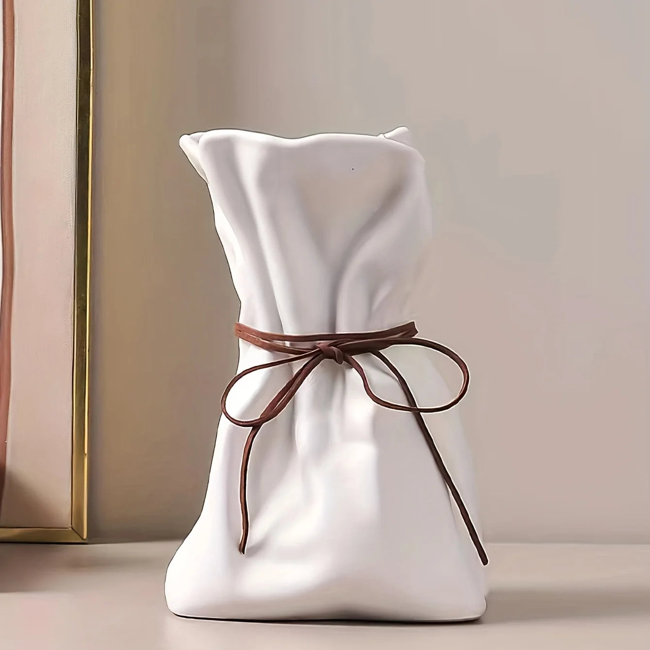 White Ceramic Paper Bag Vase for Boho Home Decor