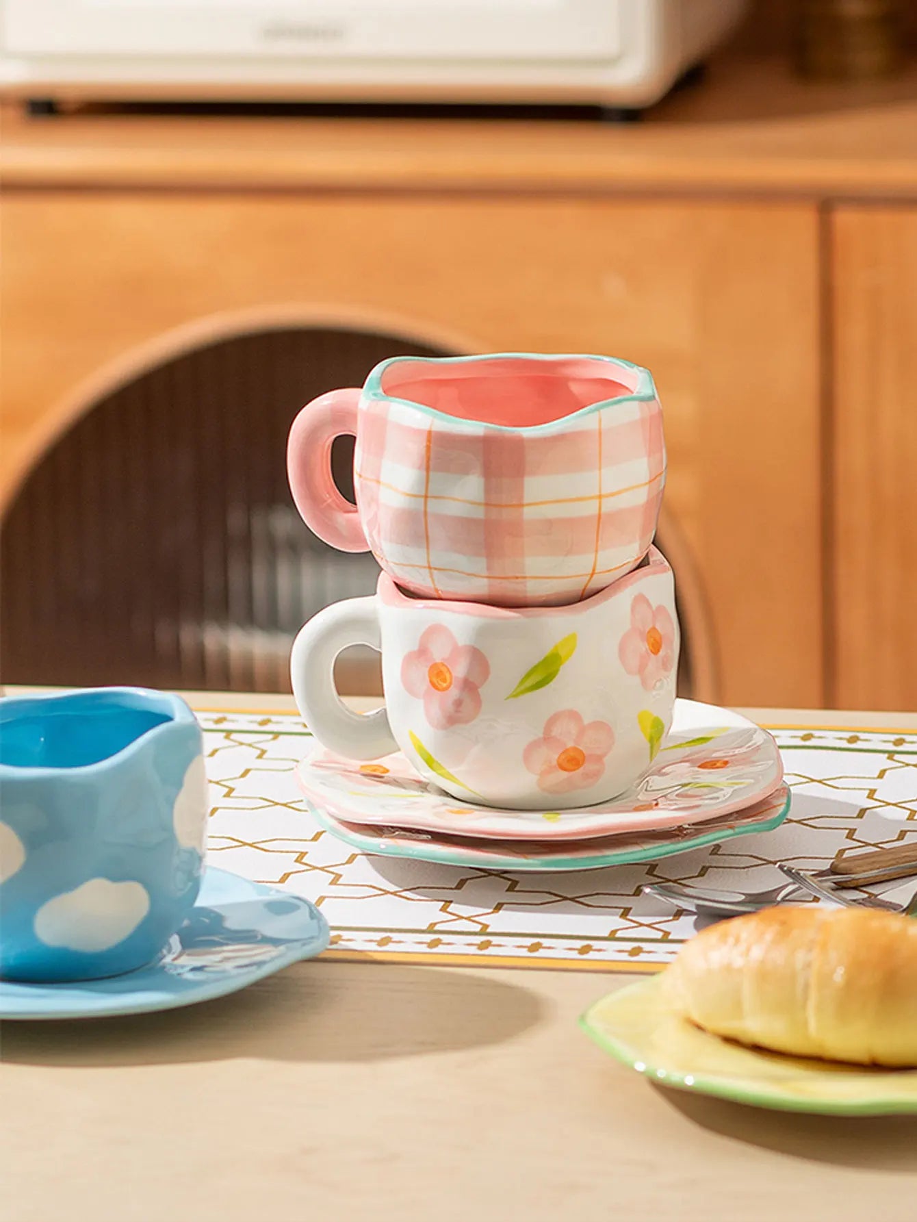 Hand-painted Flower Ceramic Mug with Plate and Spoon Set