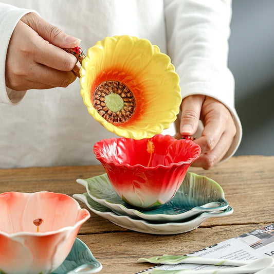 Flower Type Ceramic Coffee Cup Saucer, 200ml Gift Set