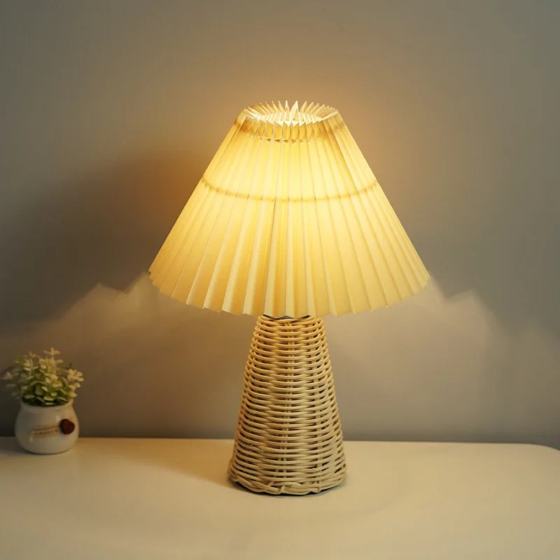 Vintage Rattan Table Lamp with Fabric Shade