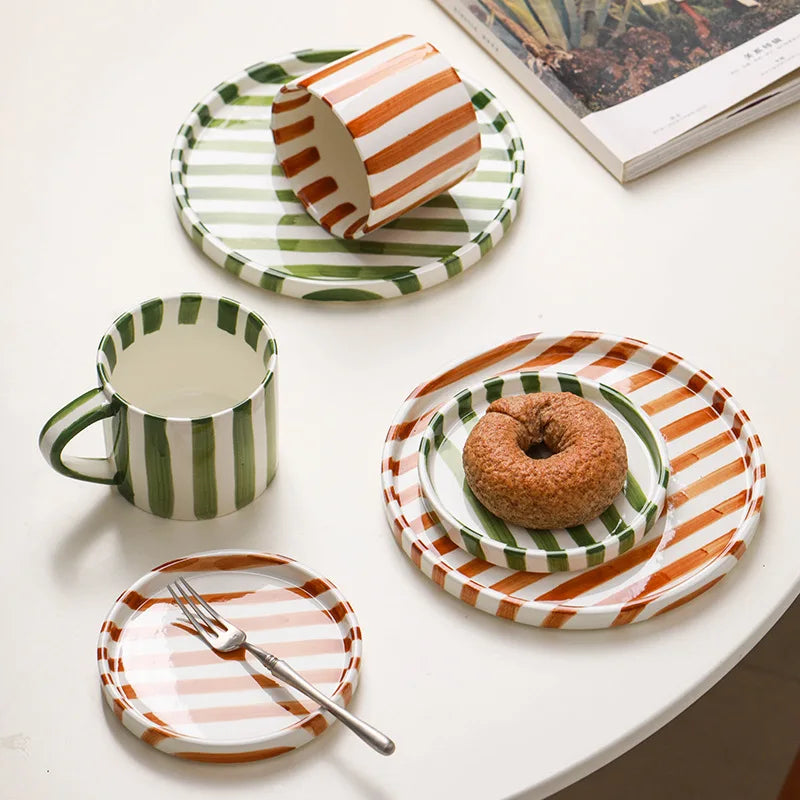 Hand Drawn Striped Ceramic Mug with Plate Set