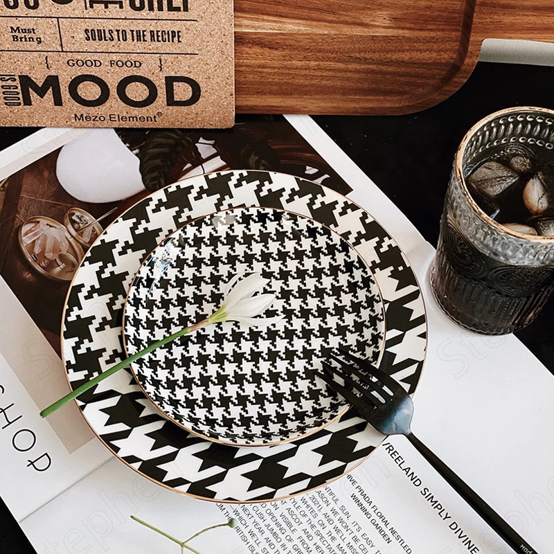 Black and White Grid Ceramic Plates