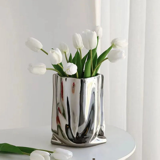 Silver Ruffled Ceramic Vase for Elegant Home Decor