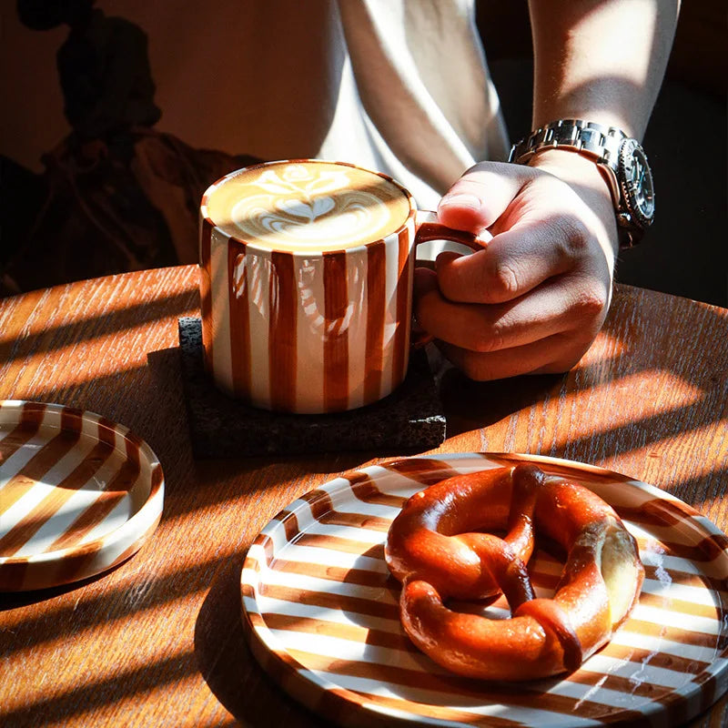 Hand Drawn Striped Ceramic Mug with Plate Set