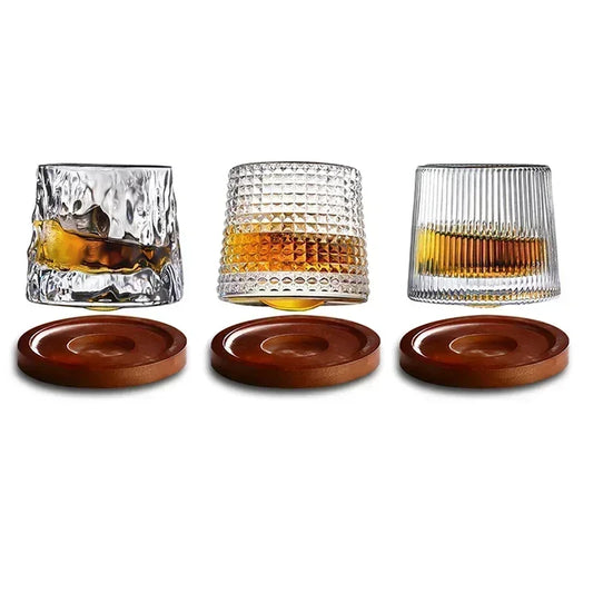 160ML Rotatable Whiskey Glass with Wooden Base