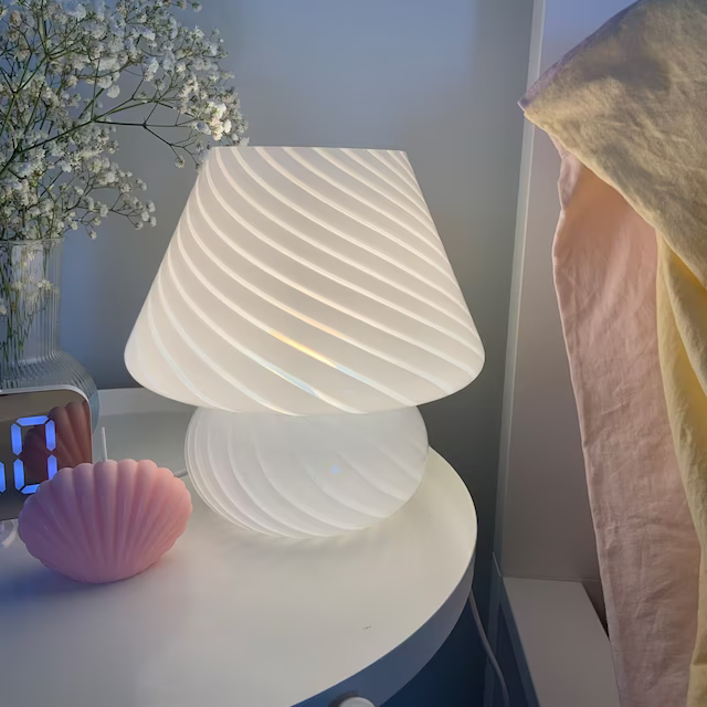 White Striped Glass Mushroom Lamp