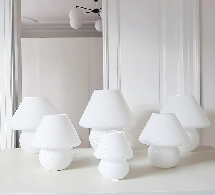 White Striped Glass Mushroom Lamp