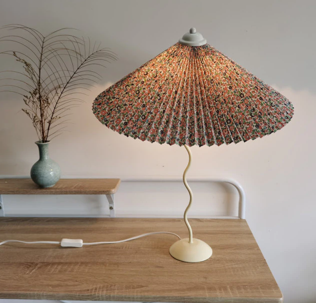 Vintage Squiggle Table Lamp with Iron Curvy Stand and Pleated Lamp Shade