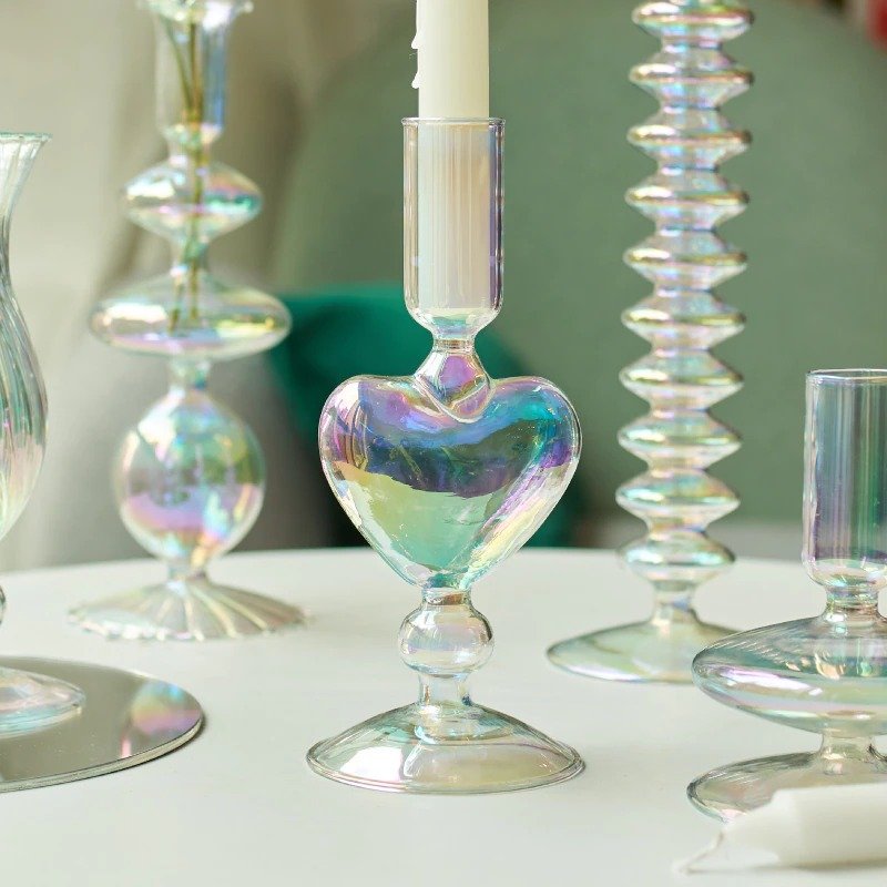 Rainbow Pearl Iridescent Glass Candlestick Holders Vases