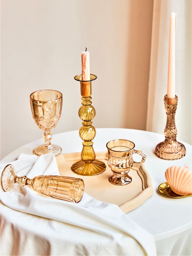 Amber Vintage French style Table Set, Glass Candle Holders, Glass Cups