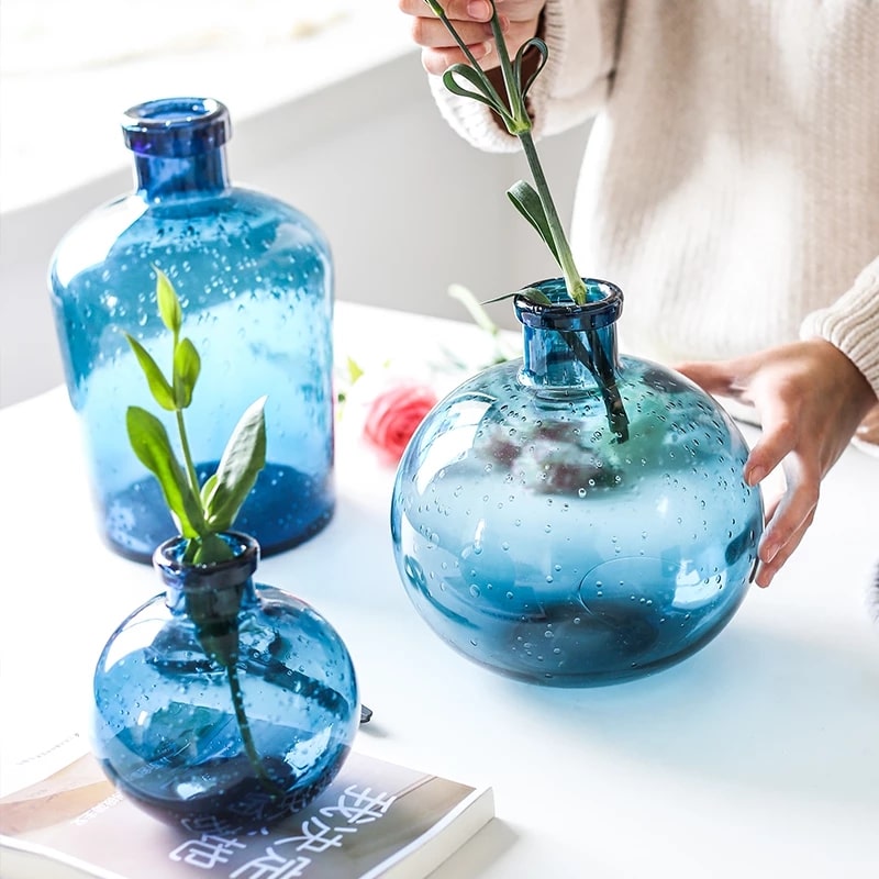 Aesthetic Deep Blue Bubble Glass Vase