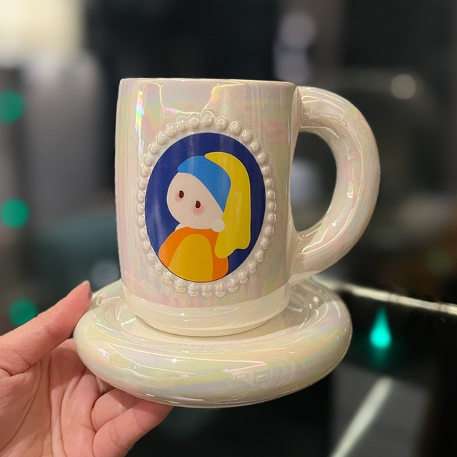 Chibi Oil Painting Pearl Glaze Thickened Ceramic Coffee Mug Saucer Set