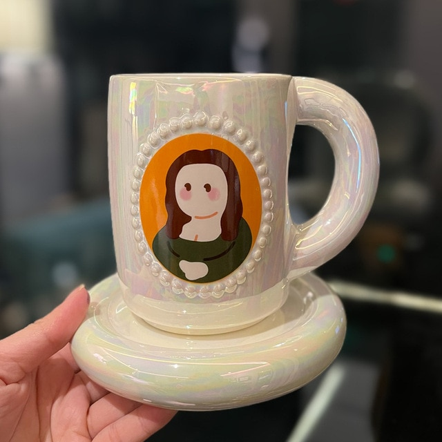 Chibi Oil Painting Pearl Glaze Thickened Ceramic Coffee Mug Saucer Set