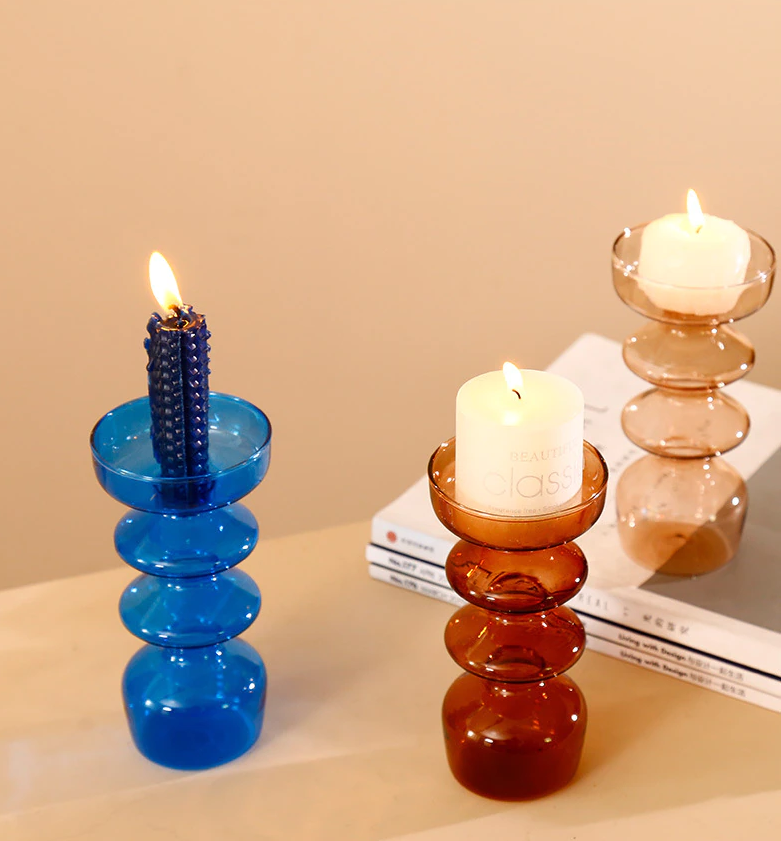 Colorful Retro Abstract Glass Flower Vases, Nordic Bubble Glass Candlestick Holder
