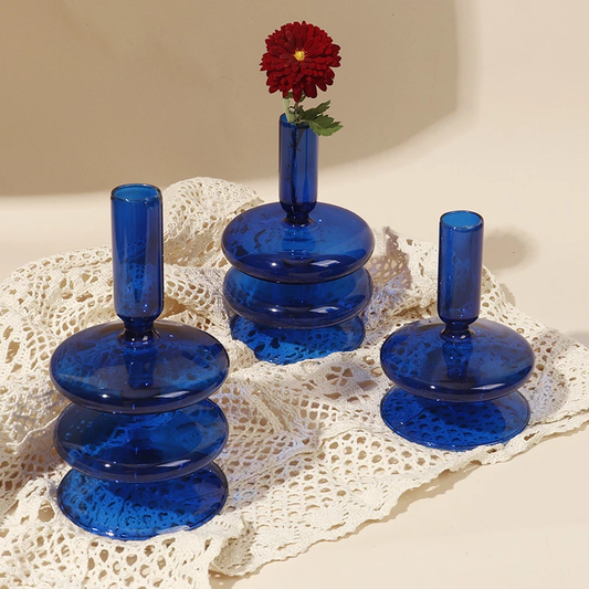 Groovy Dark Blue Glass Candle Holder, Wavy Bubble Glass Vase, Mid-Century Modern Decor