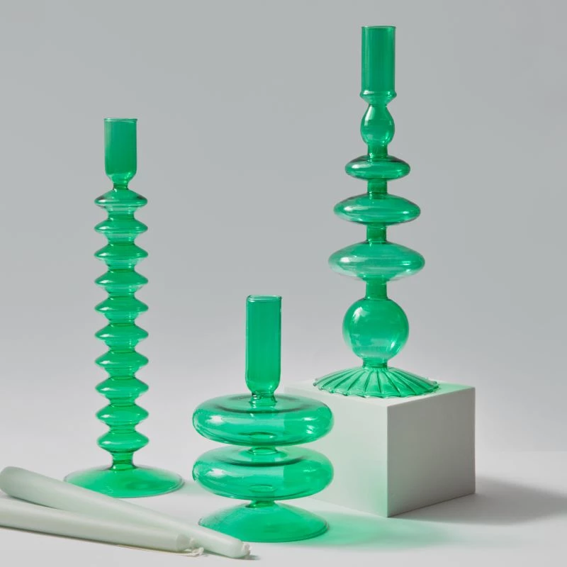 Groovy Green Glass Candle Holder, Modern Abstract Wavy Glass Vase, Mid-Century Modern Decor