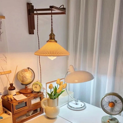 Japanese Minimalist Wooden Pleated Wall Lamp, Folding/ Fishhook