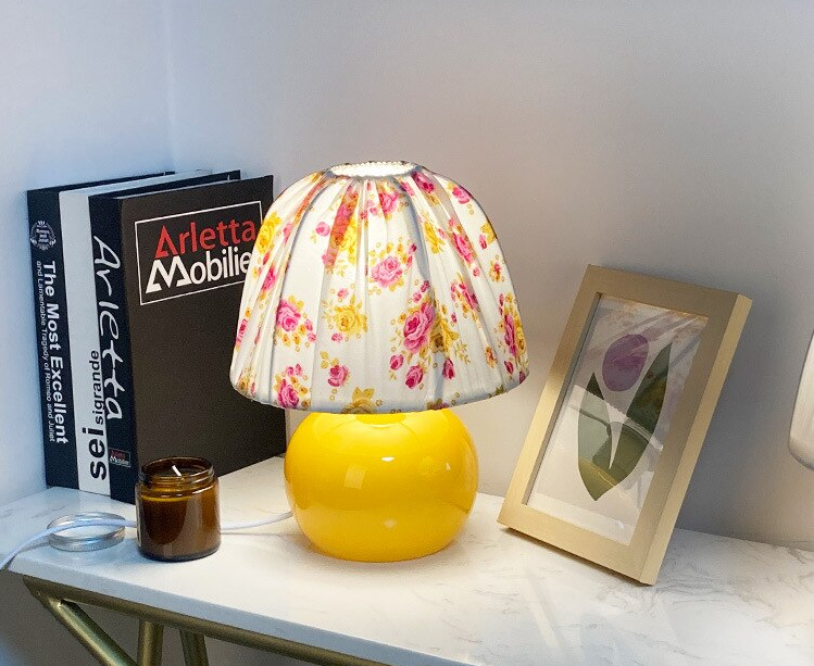 Nordic Retro Mushroom Lamp, NEW Vintage Country Series - Yellow Ceramic Base with Floral Lampshade