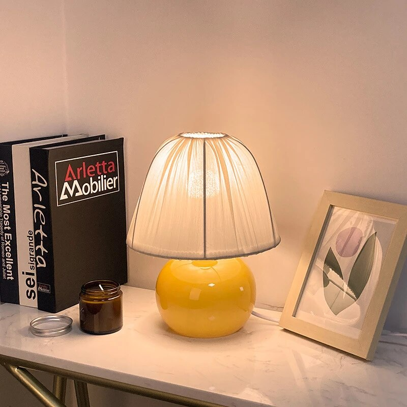 Nordic Retro Mushroom Lamp, NEW Vintage Country Series - Yellow Ceramic Base with Floral Lampshade