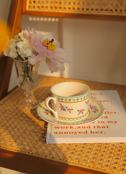 Pastoral Floral Ceramic Coffee Mug and Saucer Set