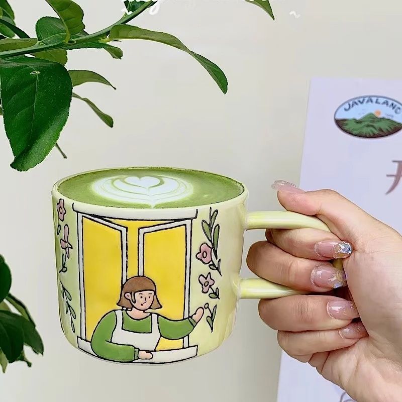 Peaceful Hand Painted Embossed Coffee Mug with Long Handle