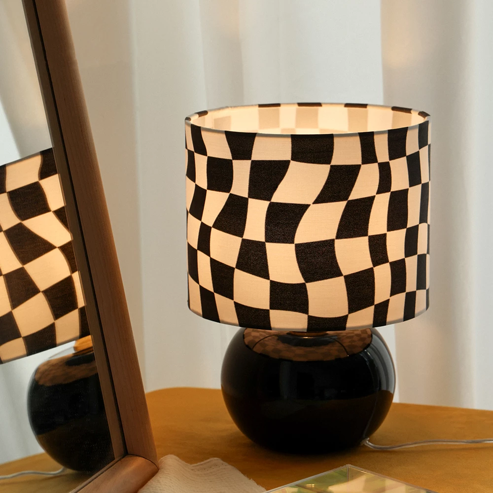 Retro Checkeredboard Table Lamp with Glass Base and Checkered Fabric Lampshade